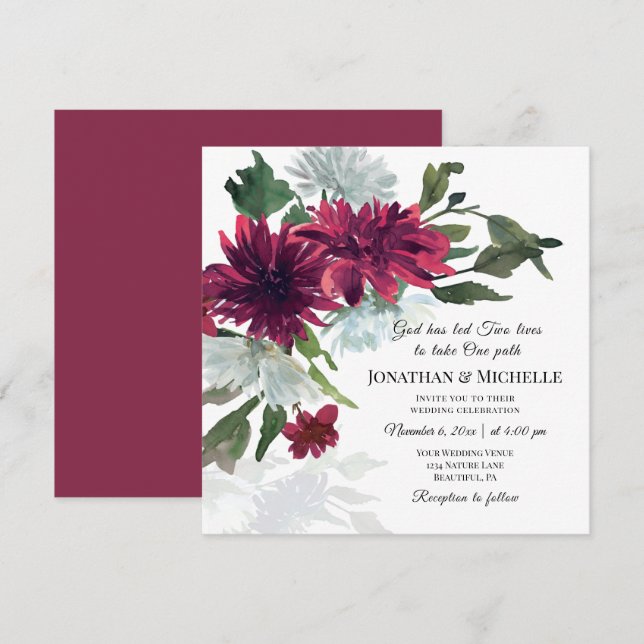 Invitación Borgoña Rojo Dusty Azul Floral Cristiano Boda (Anverso / Reverso)
