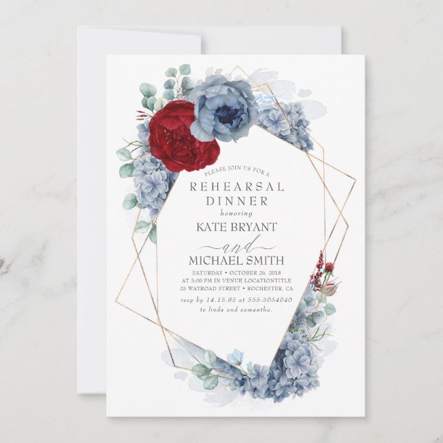Invitación Borgoña Rojo Dusty Blue Floral Ensayo Cena (Anverso)