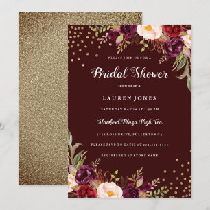 Invitación Borgoña Rojo floral Dorada Bridal Shower