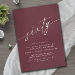 Invitación Borgoña rojo oscuro | Maroon formal 60 cumpleaños<br><div class="desc">Elegantes invitaciones de cumpleaños número 60 de estilo mínimo con el título "sesenta" en un guión manuscrito. Fuente blanca sobre un fondo rojo oscuro.</div>