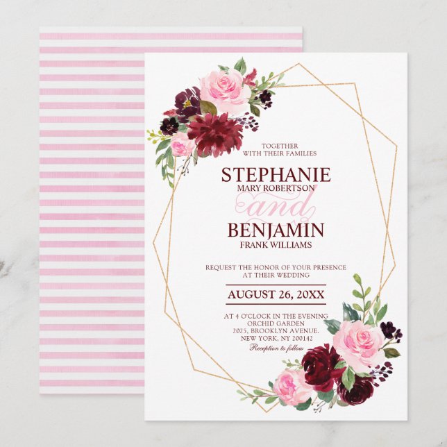 Invitación Borgoña Rojo Rosa Floral boda geométrico moderno (Anverso / Reverso)
