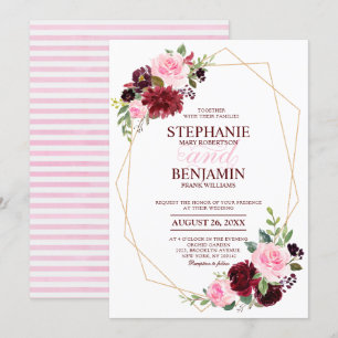 Invitación Borgoña Rojo Rosa Floral boda geométrico moderno
