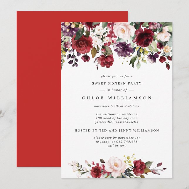 Invitación Borgoña Rojo Rubor Rosa Floral Sweet Dieciséis Fie (Anverso / Reverso)