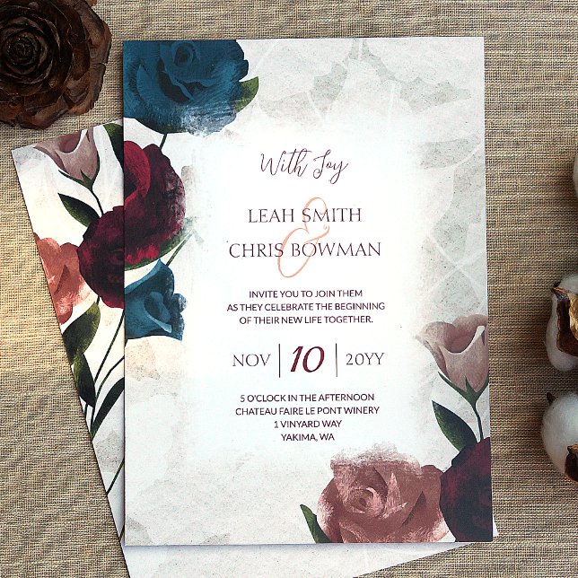 Invitación Borgoña, rojo, Verde azulado, Rosas beige Boda (teal green, burgundy, rose gold roses wedding invitations, botanical vintage garden wedding)