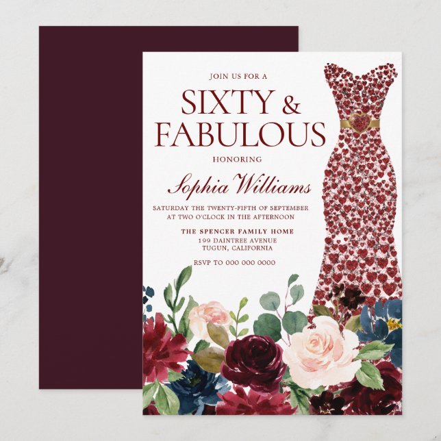 Invitación Borgoña Rojo Vestido Acuarela Floral 60 cumpleaños (Anverso / Reverso)