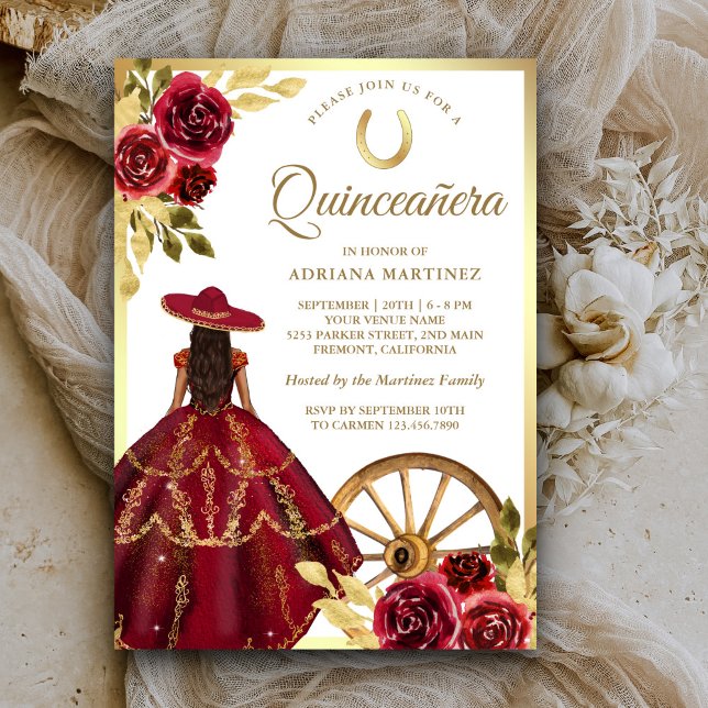 Invitación Borgoña Rojo Vestido Floral Charro Oro Quinceanera (Subido por el creador)