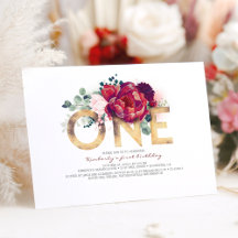 Borgoña Rojo y Dorado Floral Primer cumpleaños