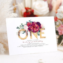 Invitación Borgoña Rojo y Dorado Floral Primer cumpleaños