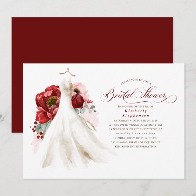 Invitación Borgoña Rojo y Rosa Vestido Floral Ducha de novia (Anverso / Reverso)