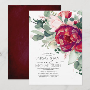 Invitación Borgoña Rojo y Rubor Floral Elegante Boda Boho