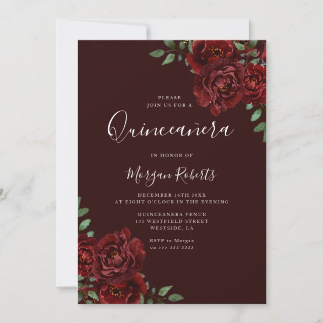 Invitación Borgoña Romántica Roses Roses Quinceanera Fiesta (Anverso)