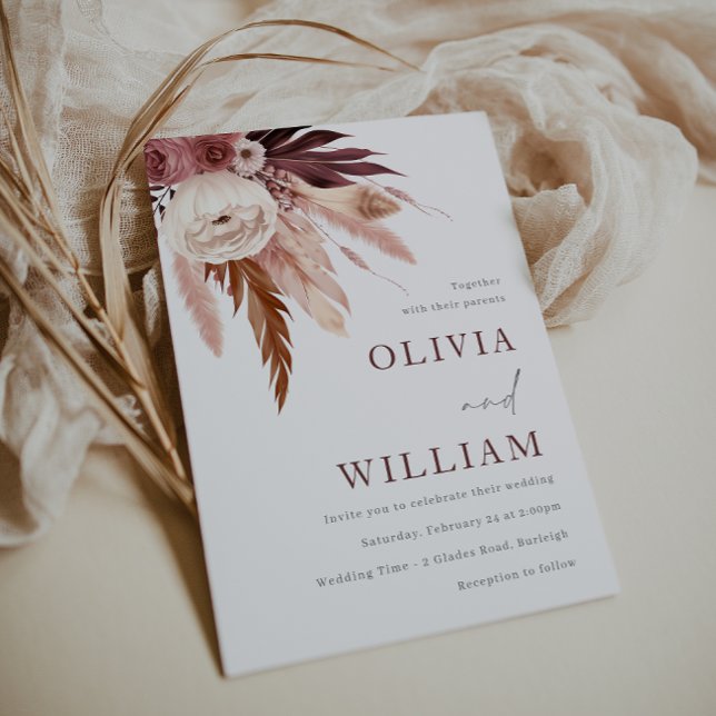 Invitación Borgoña romántica y Boda floral de Rubor Boho (Subido por el creador)