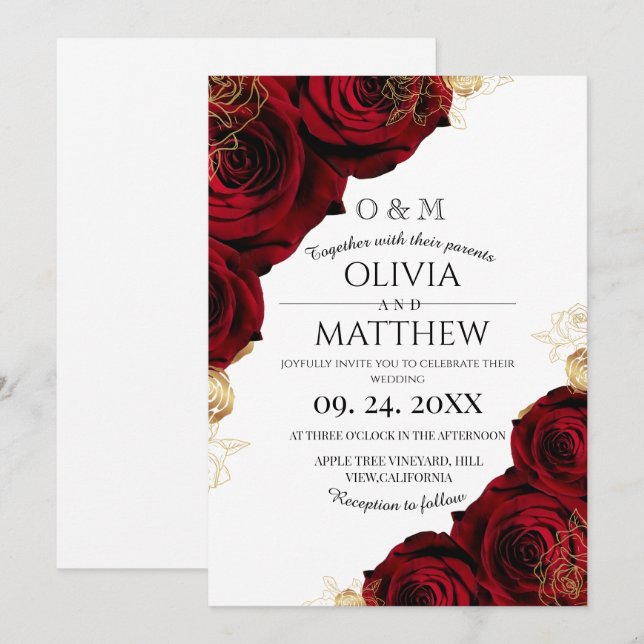 Invitación Borgoña romántica y Boda Rosa Roja ⎮ oro (Anverso / Reverso)