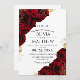 Invitación Borgoña romántica y Boda Rosa Roja ⎮ oro