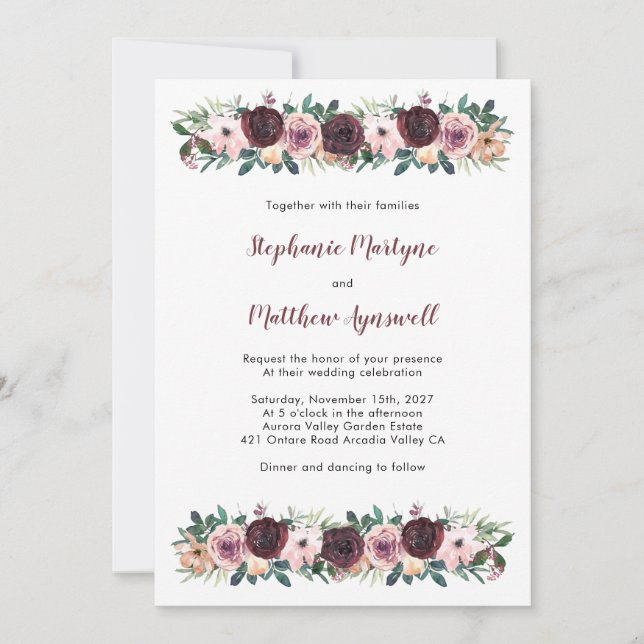 Invitación Borgoña Rosa  acuarela Boda floral (Anverso)