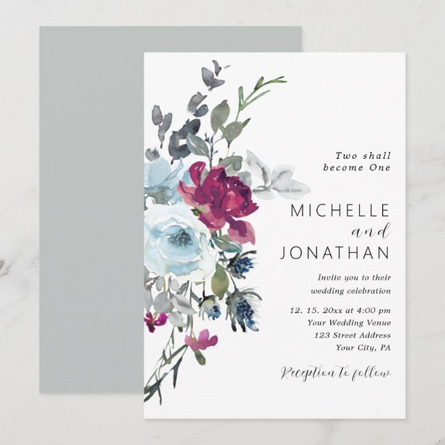 Invitación Borgoña Rosa azul  floral Boda cristiano (Anverso / Reverso)