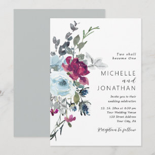 Invitación Borgoña Rosa azul  floral Boda cristiano