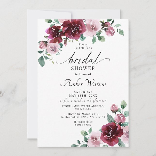 Invitación Borgoña Rosa con flores marrón ducha de novia (Anverso)