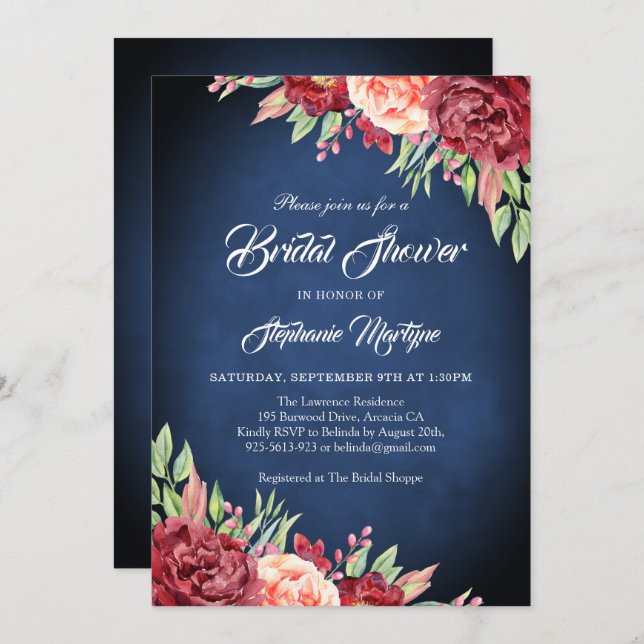 Invitación Borgoña Rosa de Rubor Floral Marina Bridal Shower (Anverso / Reverso)