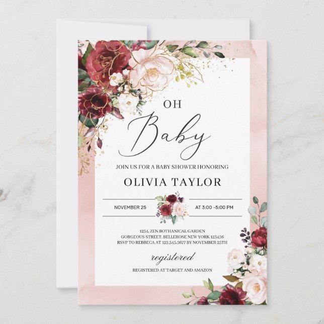 Invitación Borgoña rosa dorado floral rosa oh ducha bebé (Anverso)