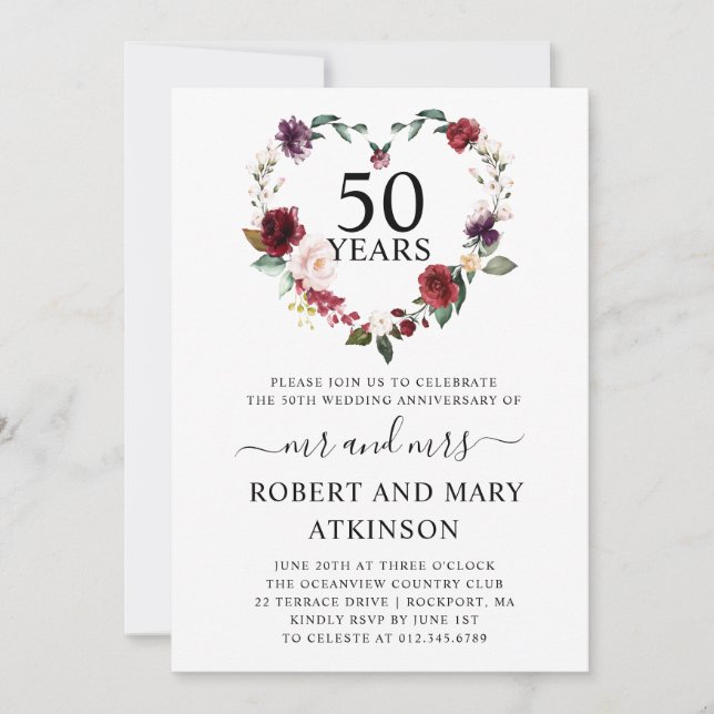 Invitación Borgoña Rosa Floral 50 Aniversario de Boda Invi (Anverso)