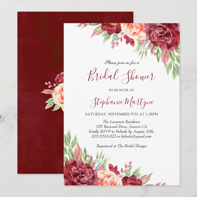 Invitación Borgoña Rosa Floral Bridal Shower (Anverso / Reverso)