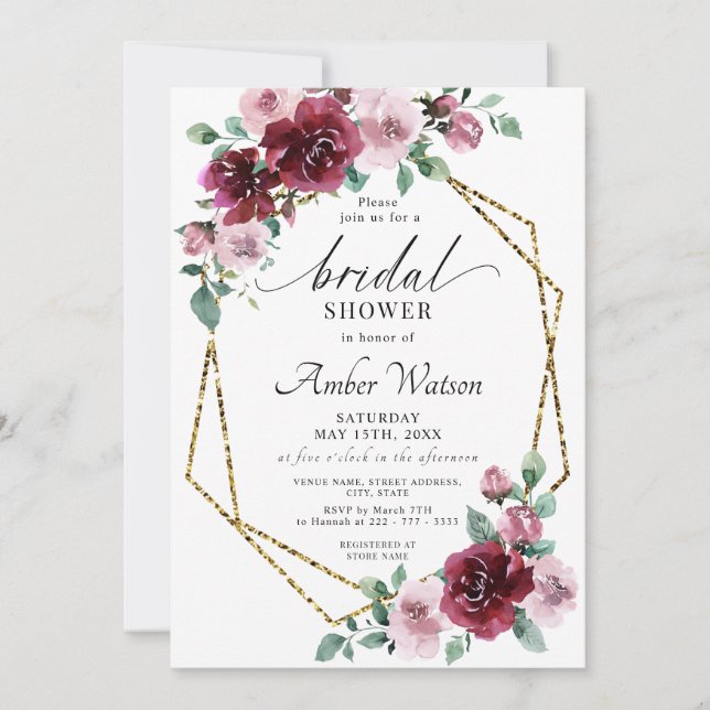 Invitación Borgoña Rosa  Floral Relieve metalizado dorado duc (Anverso)
