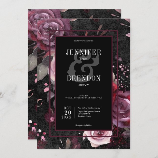 Invitación Borgoña rosa gótica oscura y floral negra (Anverso / Reverso)