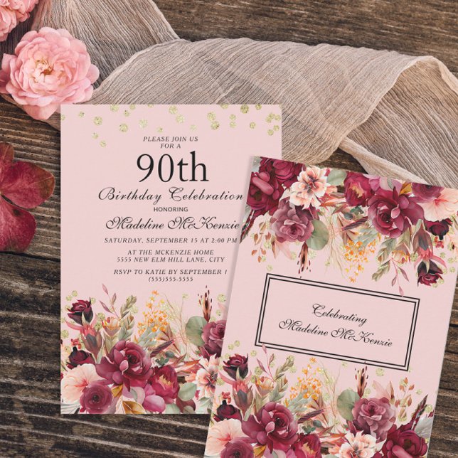 Invitación Borgoña rosa Purpurina de oro floral 90 cumpleaños (Subido por el creador)