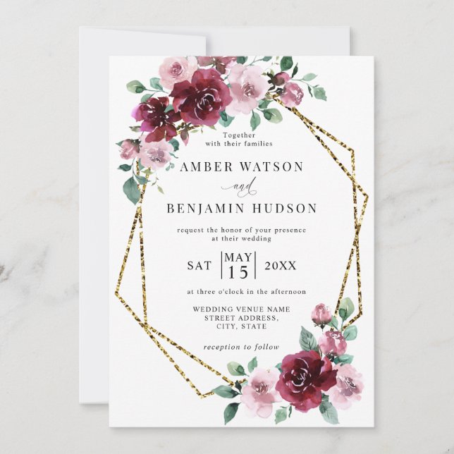 Invitación Borgoña Rosa  Relieve metalizado dorado Floral Bod (Anverso)