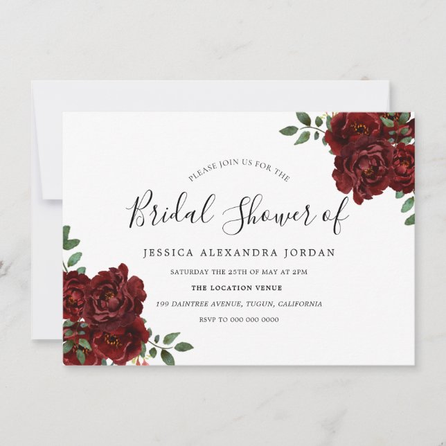 Invitación Borgoña Rosa Roja Romántica ducha de novia (Anverso)