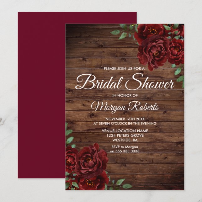 Invitación Borgoña Rosa Roja Rustic Wood Bridal Shower (Anverso / Reverso)