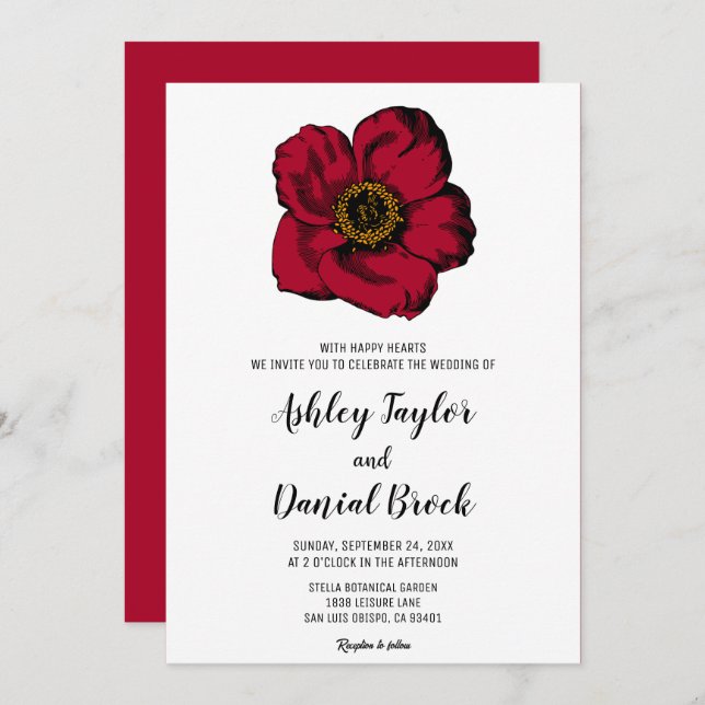 Invitación Borgoña rosa rojo simple guión Boda floral (Anverso / Reverso)