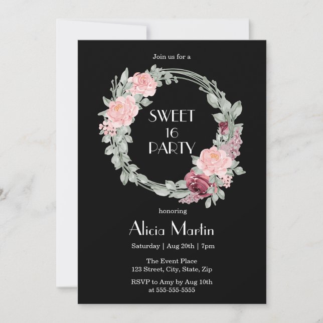 Invitación Borgoña Rosa Rosa Elegante Flora Dulce 16 Cumpleañ (Anverso)