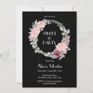 Invitación Borgoña Rosa Rosa Elegante Flora Dulce 16 Cumpleañ