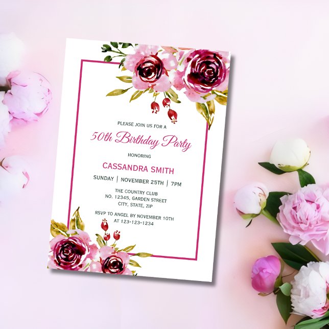 Invitación Borgoña Rosa rosa morado rústico cumpleaños floral (Subido por el creador)