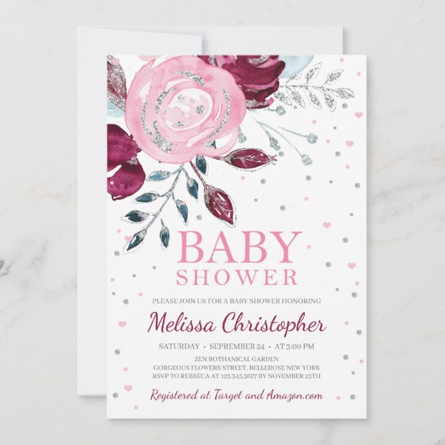 Invitación Borgoña rosa rosa purpurina de plata floral (Anverso)