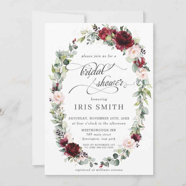 Invitación Borgoña rosa Rubor Floral Greeneration Bridal Show (Anverso)