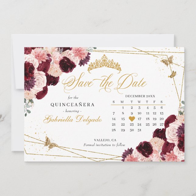 Invitación Borgoña Rosa y Oro Quinceañera Salven La Fecha (Anverso)