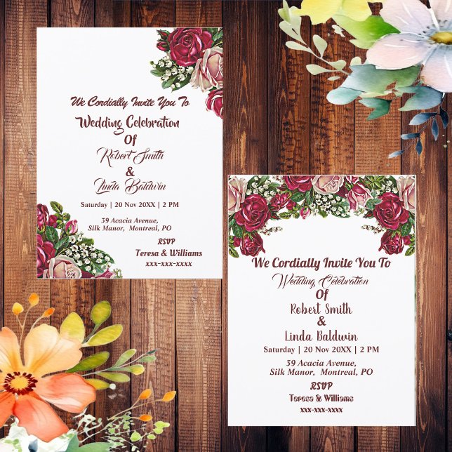 Invitación Borgoña Rosas de la Rústica Roja Garland Boda de c (Burgundy Red Rustic Roses Garland Country Wedding Invitation)