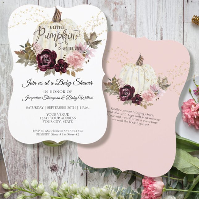 Invitación Borgoña Rosas Florales Bompkin de oro Baby Shower (Subido por el creador)