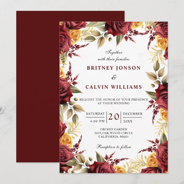 Invitación Borgoña Roses Rojos Floral Elegante Boda (Anverso / Reverso)