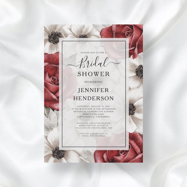 Invitación Borgoña Roses Roses Roses Anemone Floral Bridal Sh (Front Burgundy Red Roses Anemone Floral Bridal Shower Invitation)