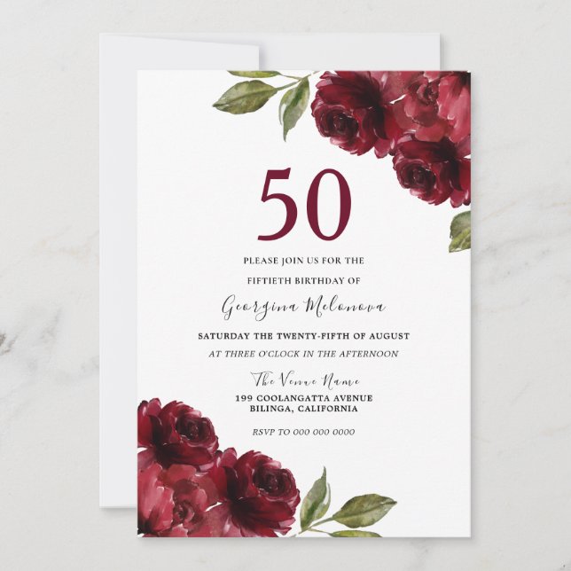 Invitación Borgoña Roses Roses Roses Elegante Fiesta de Cumpl (Anverso)
