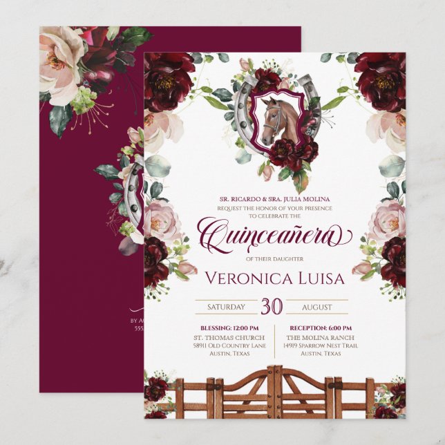 Invitación Borgoña Roses Roses Roses Escudo de caballos Rusti (Anverso / Reverso)