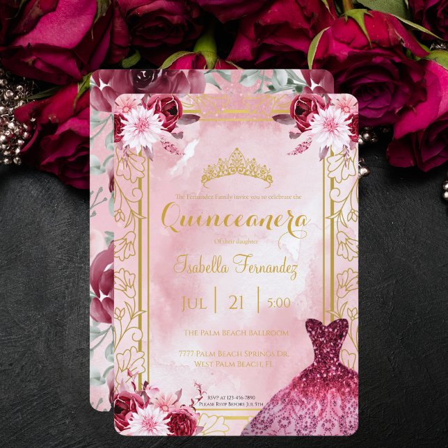 Invitación Borgoña Royal Rosa Purpurina Vestido Quinceanera (Subido por el creador)
