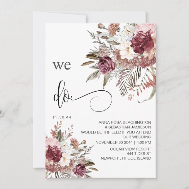 Invitación *~* Borgoña RSVP QR AR15 Rosa BODA Floral (Anverso)