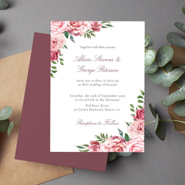 Invitación Borgoña rubia floral acuarela elegante boda (Subido por el creador)