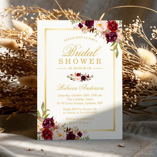 Invitación Borgoña Rubor Bloom Floral Gold Bridal Shower (Subido por el creador)