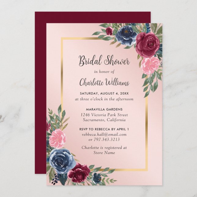 Invitación Borgoña Rubor Blue Elegal Floral Bridal Shower (Anverso / Reverso)